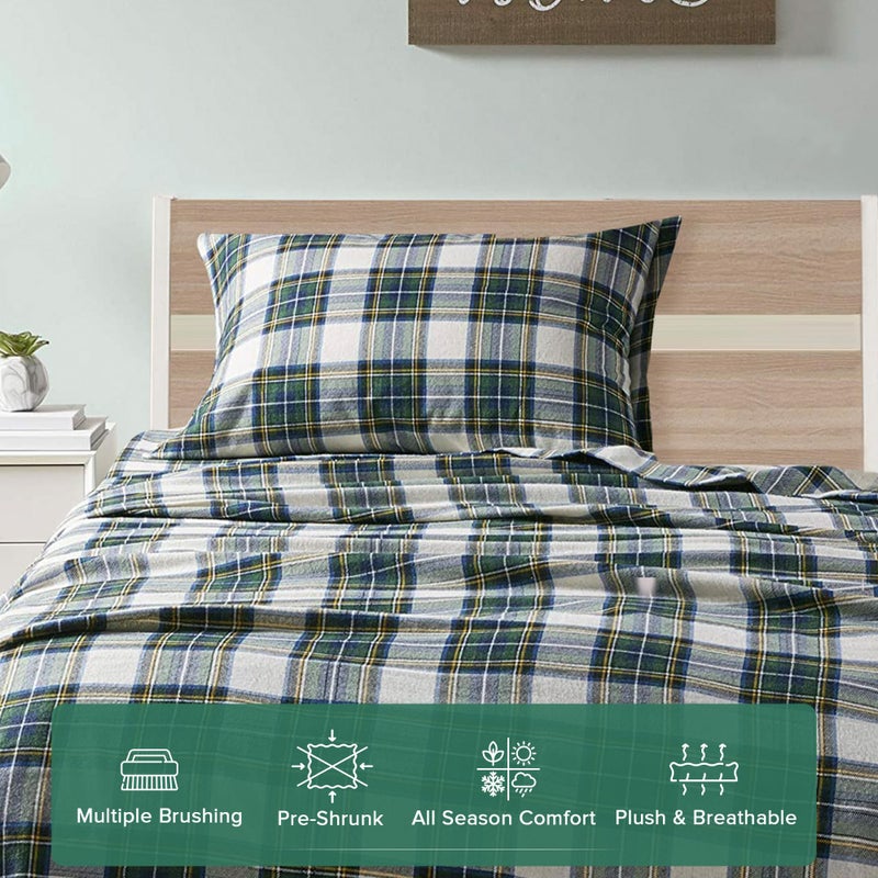 Comfort Spaces Cotton Flannel Sheets Twin Size, Ultra Soft Flannel Sheet Set with 12" Elastic Pocket , Plain Print Warm Flannel Bedding, Scottish Plaid Green 3 Piece - Image 3